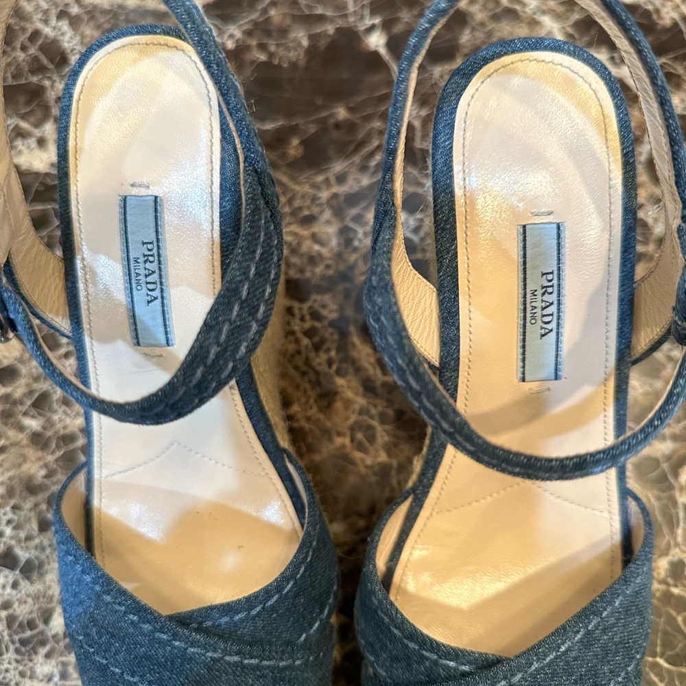 Denim Ankle Strap Wedge Sandals By Prada - Picture 8 of 8